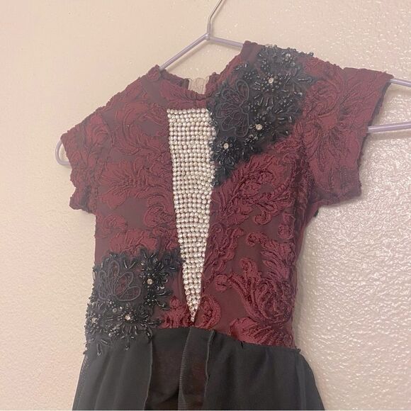 Custom solo Dance Costume burgundy velvet burnout rhinestoned dress IC/MC - Picture 4 of 12